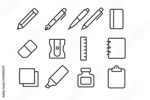 Writing Tools Icons. Writing Tools. Line icon set of Writing Tools: pencil, fountain pen, ballpoint pen, mechanical pencil, eraser, sharpener, ruler, notebook,