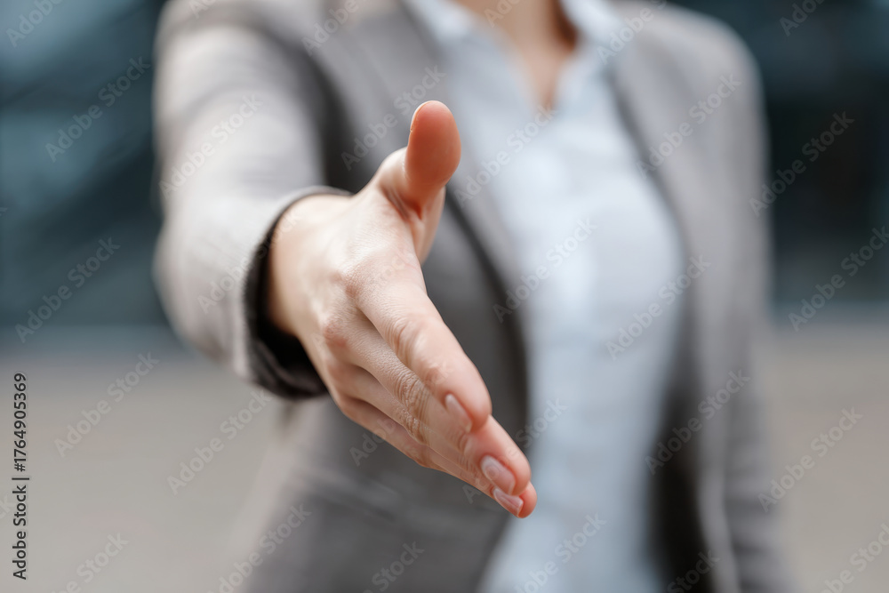 Fototapeta premium Businesswoman extends her hand for handshake, symbolizing teamwork and collaboration