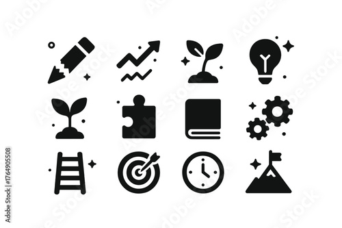Icons of Resilience. Overcoming Setbacks. Solid icons set of Overcoming Setbacks: broken pencil, upward arrow, plant sprout, light bulb, seedling, puzzle