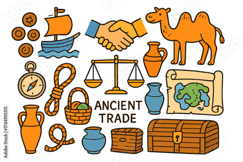 Ancient Trade Symbols. Ancient trade. Colorful Hand-drawn doodle Children illustration Ancient trade bronze coins, ships, amphora, camel, map, scroll, compass,
