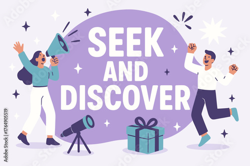 Seek and Discover. Seek and discover banner, flat vector illustration, bold oversized text inside rounded blob, cartoon characters shouting and dancing,