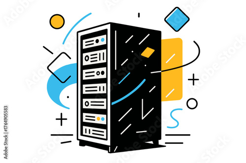 Futuristic Server Rack. Server Rack. Server rack in a modern data center with floating abstract geometric shapes and light reflections, organized and