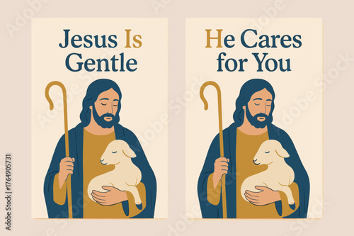 Gentle Shepherd Banners. Gentle Shepherd. Two vertical A6 banners with safe margins, centered composition, no elements touching edges, pastel, navy and gold,