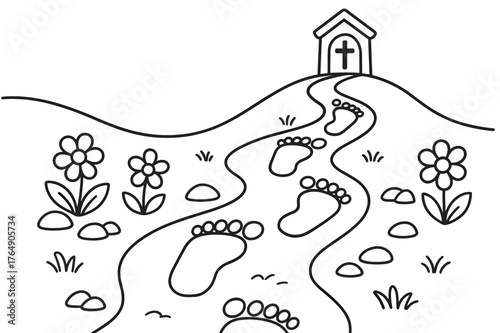 Footprint Trail Coloring. Footprints of the journey children?s coloring book illustration, outlined drawing, a trail of big friendly footprints leading past