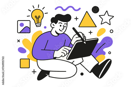Creative Digital Artist. Drawing. Digital artist using a tablet and stylus, floating abstract icons and geometric shapes representing creativity, modern and