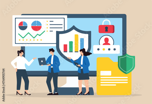 Flat illustration of team of analysts discussing data privacy with cybersecurity charts