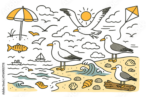 Seagulls by the Shore. Ocean birds. Hand-drawn doodle illustration seagulls (colored), wings spread (colored), sky (colored), clouds (colored), sun (colored),