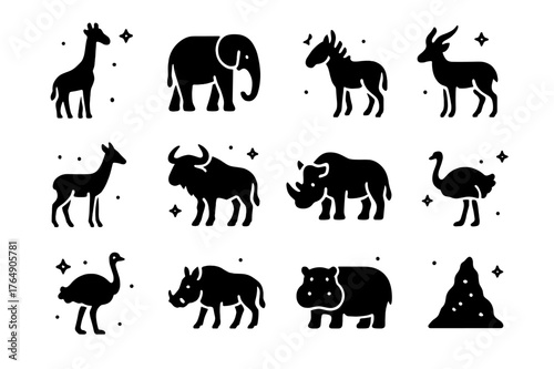Savanna Icons Grid. Savanna Herbivores. Solid icons set of Savanna Herbivores: giraffe, elephant, zebra, antelope, gazelle, wildebeest, buffalo, rhino,