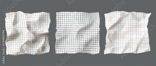 다양한 정도로 구겨진 세 장의 흰색 격자 무늬 종이가 회색 배경 위에 놓여 있어, 질감과 그림자가 돋보이는 추상적인 배경 이미지를 연출합니다.