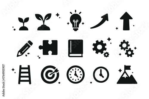 Personal Growth Icons. Personal Growth. Solid icons set of Personal Growth: plant sprout, seedling, light bulb, upward arrow, broken pencil, puzzle piece,
