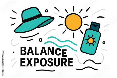 Sun Protection Essentials. Sun Protection Awareness. A sunhat and lotion bottle hover beside a glowing sun icon; ?Balance Exposure? text floats near dotted
