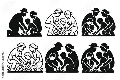 Family Garden Logos. A family spending time outdoors, tending to their garden or yard. Set Logo of A family spending time outdoors, tending to their garden or