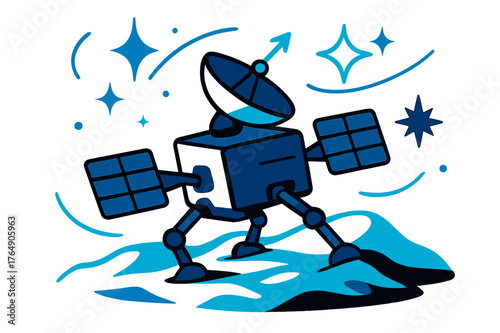 Cosmic Exploration Adventure. Space probes. Robotic probe exploring icy moon surface; abstract floating stars, lines, and sparkles emphasize adventure and