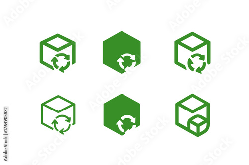 Eco-Friendly Logo Grid. Green label design with eco vibes trend. Set Logo of sustainable packaging: box with green arrows. Icon set. harmonious logo variations