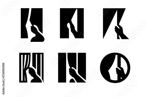 Curtain Pull Logo Grid. Closing the Curtains or Blinds. Set Logo of Pulling Curtain: Filled silhouette, Abstract geometric, Negative space, Flat solid,