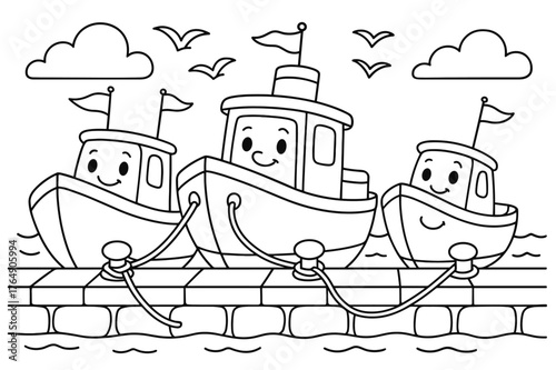 Colorful Cartoon Boats. Boats at the quay children?s coloring book illustration, outlined drawing, friendly cartoon boats tied to a stone embankment with flags