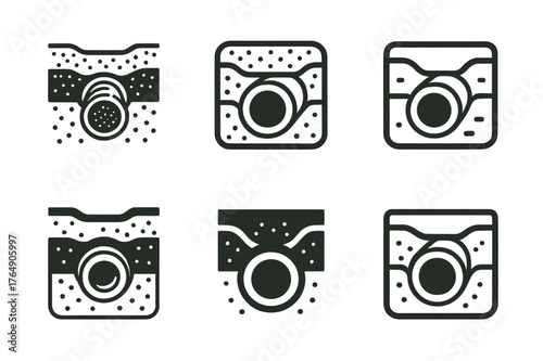 Drainage Pipe Logos. Drainage pipes in trench. Set Logo of Drainage pipes in trench: cross-section of trench with pipe, compacted layers, and geotextile wrap.