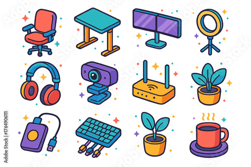 Colorful Remote Work Icons. Remote work setup. Colorful isometric vector icons set of Remote work setup: ergonomic chair, standing desk, dual monitors, ring