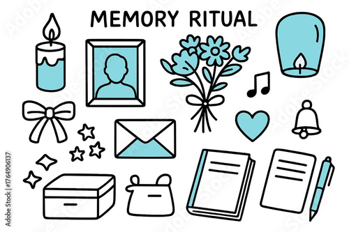 Memory Ritual Icons. // Memory ritual. Hand-drawn doodle illustration Memory ritual [candle (accented), photo frame (accented), bouquet (accented), ribbon,