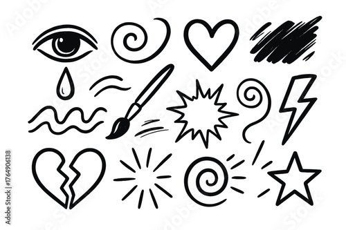 Emotional Doodle Icons. Emotional art. Hand-drawn doodle illustration emotional art eye, tear, heart, swirling line, brush, paint stroke, wave, explosion,