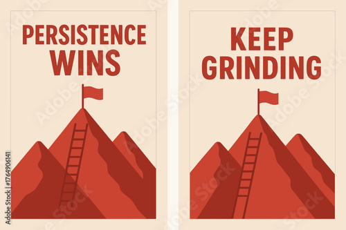 Persistence and Progress. Persistence wins. Two vertical A6 banners with safe margins, centered composition, no elements touching edges, flat vector design,