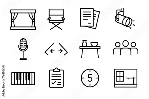 Stage Rehearsal Icons. Stage Rehearsal. Line icon set of Stage Rehearsal: open stage, director chair, script pages, spotlight, microphone, floor tape marks,