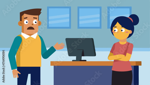 A customer is seen approaching the desk with a look of confusion on their face while a staff member eagerly prepares to assist them.