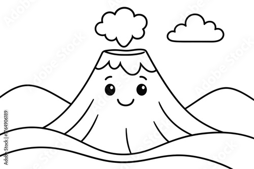 Friendly Volcano Coloring Page. Volcano children?s coloring book illustration, outlined drawing, a friendly volcano with a smiling face and a gentle puff of