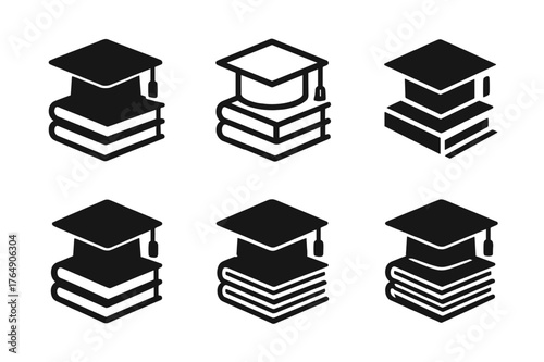 Books and Graduation. Books and Reading. Set Logo of Books and Reading: a graduation cap atop a stack of textbooks. harmonious logo variations of the same