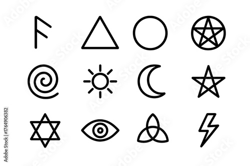 Ancient Rune Icons. Ancient runes. Line icon set of ancient runes: elder futhark rune, triangle symbol, circle symbol, pentagram, spiral, sun symbol, moon