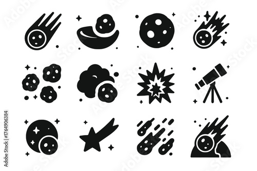 Meteorite Icons Collection. Meteorites. Solid icons set of Meteorites: falling meteor, crater, space rock, glowing trail, asteroid belt, dust cloud, explosion