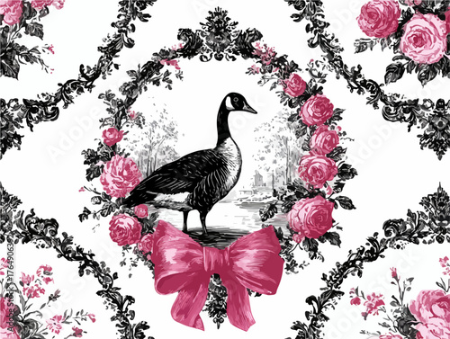 우아한 검은 거위가 화려한 검정색 장식 프레임과 생생한 분홍색 장미 꽃다발로 아름답게 둘러싸여 조화를 이루는 빈티지풍 일러스트레이션 패턴 디자인으로, 섬세한 리본 디테일이 더해져 고풍스러운 매력을 발산합니다.