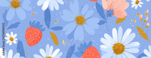 파란 배경 위에 활짝 핀 데이지 꽃과 싱싱한 딸기가 조화롭게 어우러진 사랑스러운 분위기의 이음매 없는 패턴 디자인.