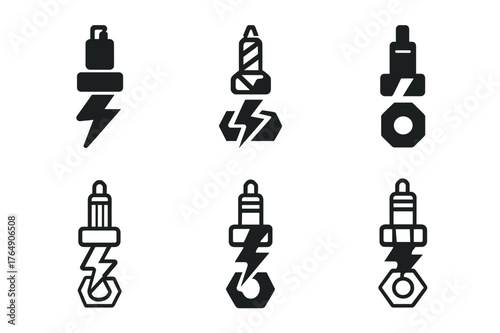 Mechanics Logo Grid. Car mechanics working on engines. Set Logo of spark system: spark plug and bolt. Icon set. harmonious logo variations of the