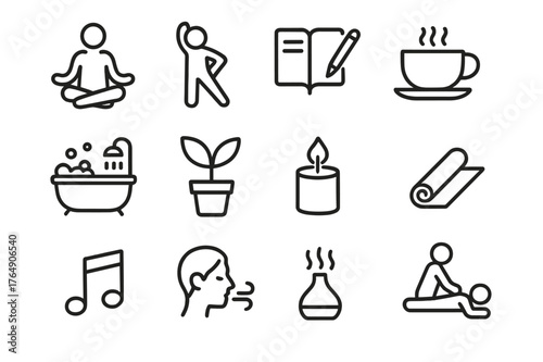 Stress Relief Icons. Stress relief activities. Line icon set of stress relief activities: meditation, stretching, journal, tea cup, hot bath, plant, candle,