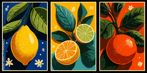 다채로운 색상과 독특한 질감으로 표현된 레몬 라임 오렌지 일러스트는 신선한 과일의 생동감을 담아낸 벡터 아트입니다.