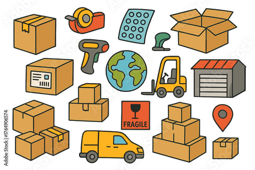 Colorful Shipping Doodles. Packaging and shipping. Colorful Hand-drawn doodle Children illustration Packaging and shipping cardboard boxes, tape dispenser,
