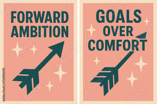 Retro Ambition Banners. Forward ambition. Two vertical A6 banners with safe margins, centered composition, no elements touching edges, retro, pink and teal,