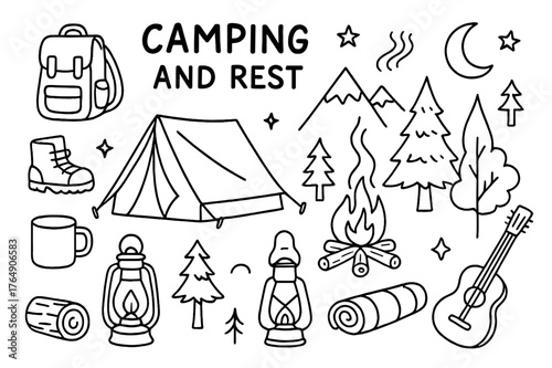 Doodle Camping Scene. Camping and rest. Hand-drawn doodle illustration camping and rest tent, campfire, trees, moon, stars, backpack, boots, lantern, mug, log,
