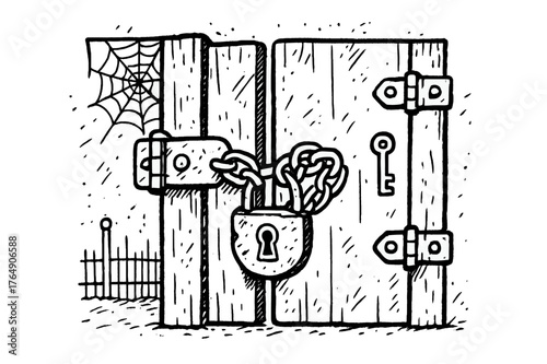 Rusty Gate Doodle. Locked Gate. Hand-drawn doodle illustration Locked Gate rusty lock, key, chain, old gate, metal latch, hinges, scratches, cobweb, dust,