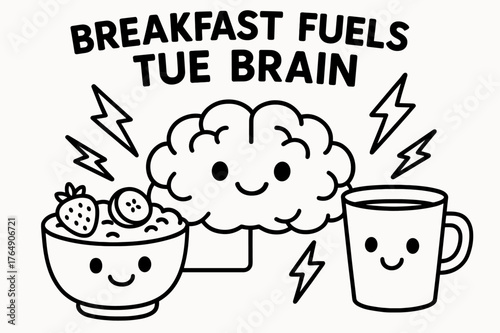 Brain-Powering Breakfast. Breakfast fuels the brain children?s coloring book illustration, outlined drawing, a cheerful bowl of oatmeal, fruit, and a milk cup