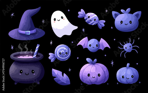 귀여운 할로윈 테마 벡터 일러스트레이션으로, 마녀 모자, 유령, 사탕, 박쥐, 호박, 거미, 냄비 등 다양한 요소가 포함되어 있습니다.