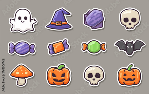 귀여운 할로윈 스티커 세트 일러스트로, 유령, 마녀 모자, 사탕, 해골, 박쥐, 버섯, 호박 등을 활용한 벡터 디자인입니다.