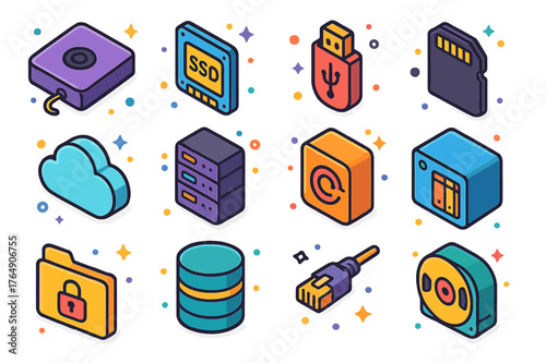 Colorful Storage Icons. Digital data storage. Colorful isometric vector icons set of Digital data storage: external hard drive, SSD, USB flash drive, memory