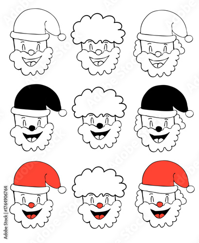 Santa Claus line vector icon Christmas set 2026. Hand-drawn thin icons. Black, and color vector icons.