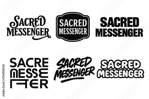 Diverse Lettering Grid. Sacred Messenger. Set lettering. harmonious lettering variations of the same emblematic concept (Whimsical curly type with flourishes,