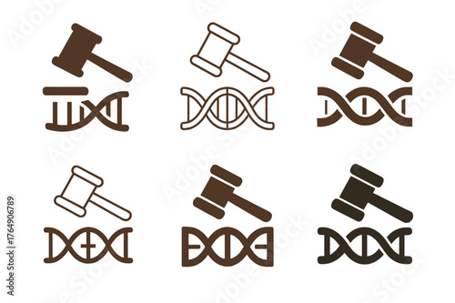 Cloning Responsibility Logos. The ethics of cloning and creating synthetic organisms. Set Logo of responsibility: gavel over DNA strand. Icon set. harmonious