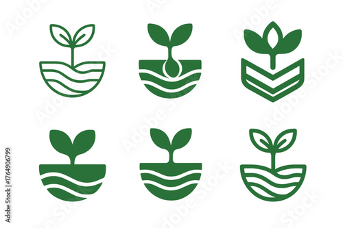Seed Logo Variations. Agricultural innovation and food security. Set Logo of sprouting seed in soil layers: harmonious logo variations of the same emblematic