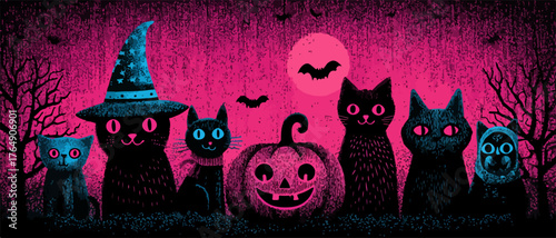 할로윈 밤, 마녀 모자를 쓴 고양이와 호박, 박쥐가 어우러진 벡터 일러스트레이션으로 축제 분위기를 연출합니다.