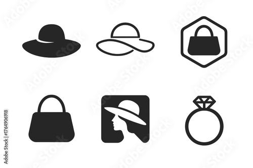 Abstract Accessories Icons. Personal Appearance. Set Logo of Accessories Icon: Filled silhouette, Minimal outline, Abstract geometric, Negative space, Stylized